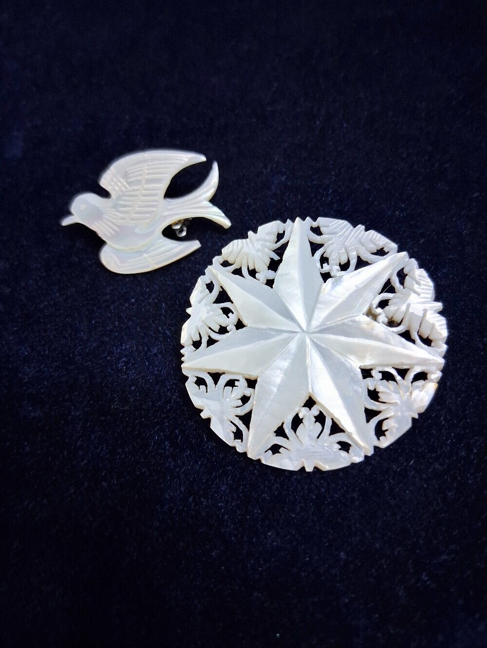 Vintage Brooches Mother Of Pearl Star And Peace Dove